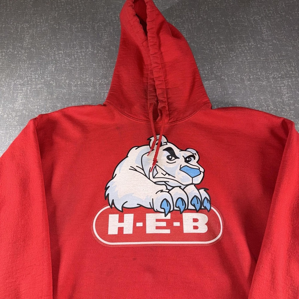 Gildan Hoodie Mens XL Red H-E-B Polar Bear Graphic Fleece Pullover Sweatshirt - Picture 3 of 13